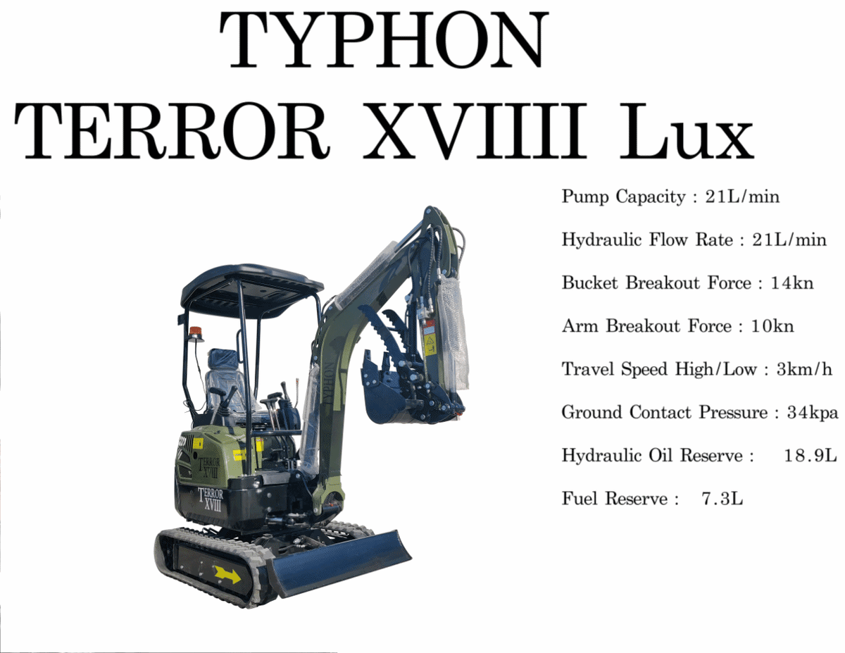 2025 4000 lb Typhon Terror XVIII Mini Excavator Rubber Track with Kubota Diesel Engine