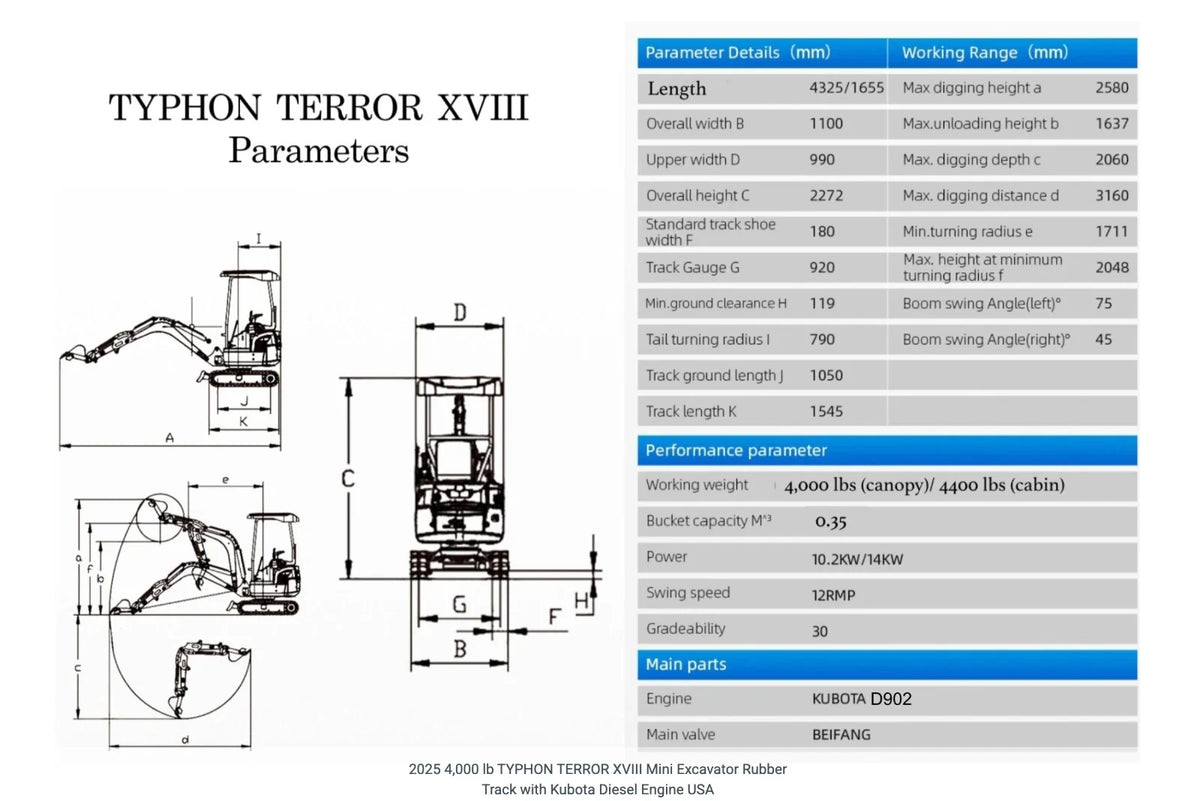 4,000 lbs Terror XVIII Mini Excavator, EPA Certified KUBOTA D902 Diesel Machine