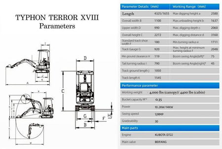 2025 4000 lb Typhon Terror XVIII Mini Excavator Rubber Track with Kubota Diesel Engine