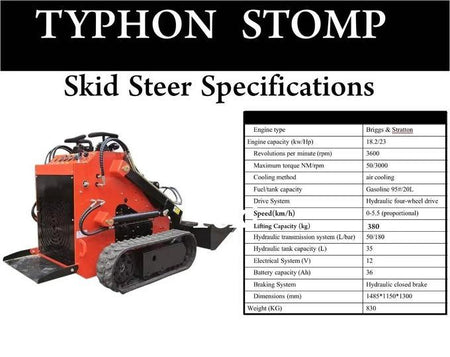 TYPHON STOMP 1,800lbs Mini Skid Steer 23HP Gas EPA Engine USA